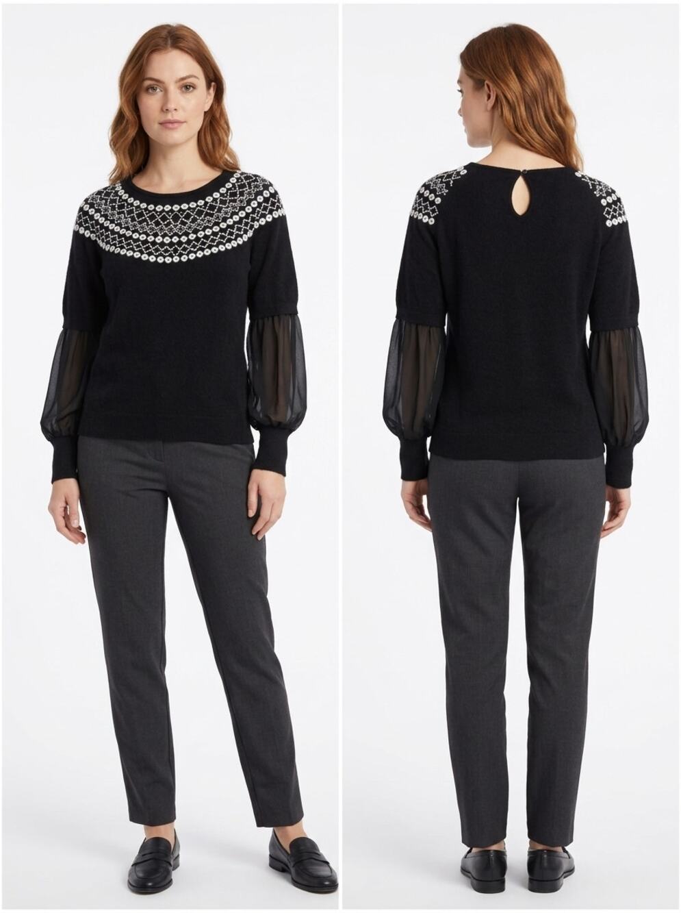 Leo & Ugo Angora Black Embroidered Beaded Crew Neck Sweater Women Size S